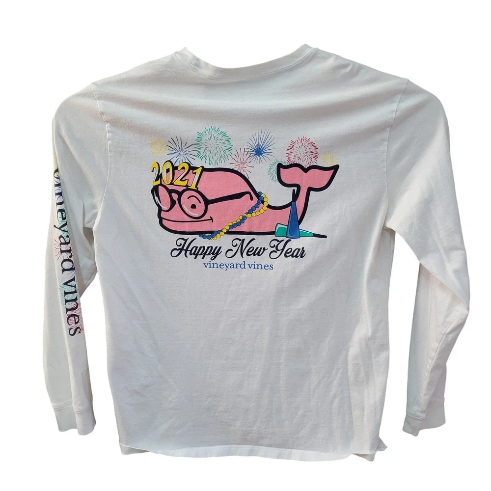 Vineyard Vines Happy New Year 2021 Whale Fireworks‎ Long Sleeve T Shirt Size M